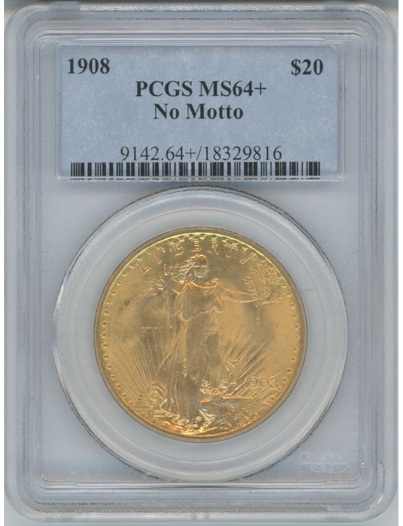 1908 $20 NO MOTTO Saint Saint-Gaudens Double Eagle PCGS MS64+