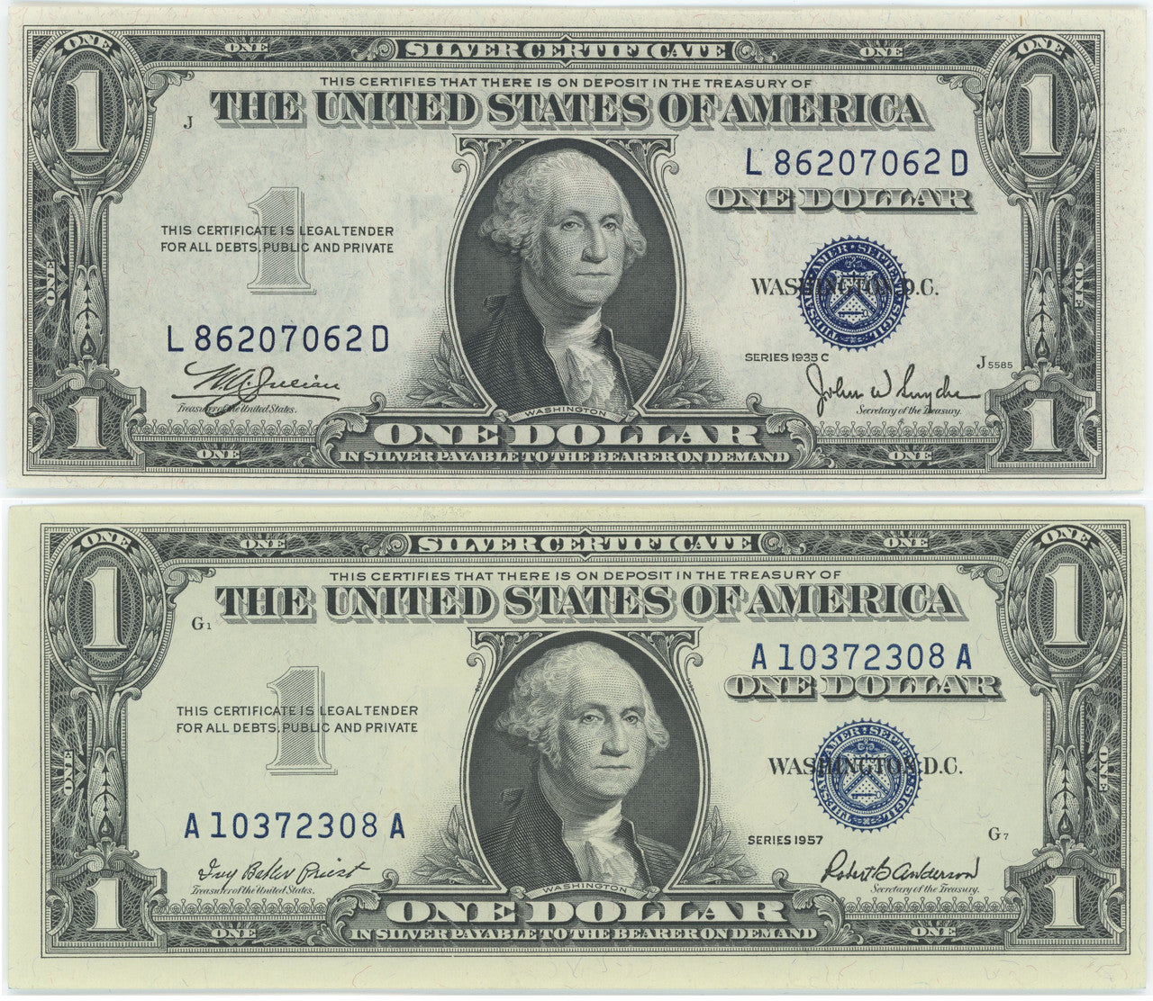 1935 No Motto & 1957 With Motto $1 Silver Certificate Set