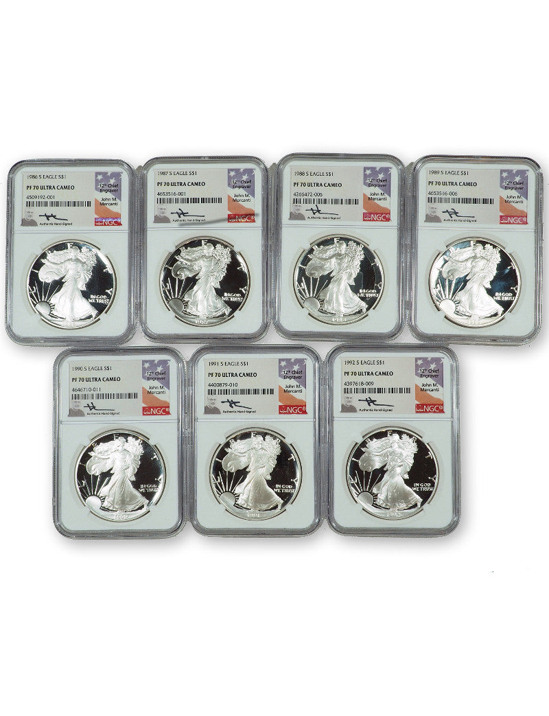 1986-2021 American Silver Eagle 35-pc Set NGC PF70 Ultra Cameo Mercanti Signed