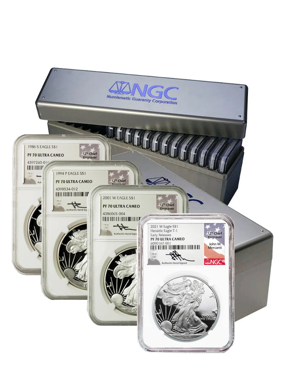 1986-2021 American Silver Eagle 35-pc Set NGC PF70 Ultra Cameo Mercanti Signed