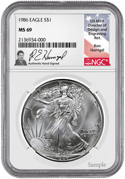 1986 American Silver Eagle NGC MS69 Ron Harrigal Signed