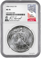 1986 American Silver Eagle NGC MS70 Ron Harrigal Signed