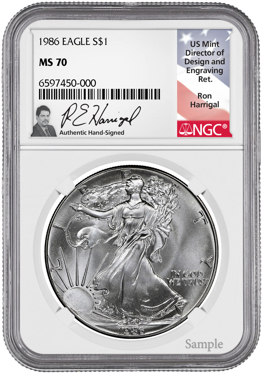 1986 American Silver Eagle NGC MS70 Ron Harrigal Signed