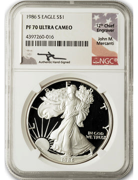 1986-S American Silver Eagle NGC PF70 UCAM Mercanti Signed