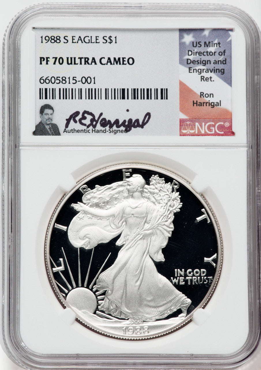 1988-S American Silver Eagle NGC PF70 Ultra Cameo Ron Harrigal Signed