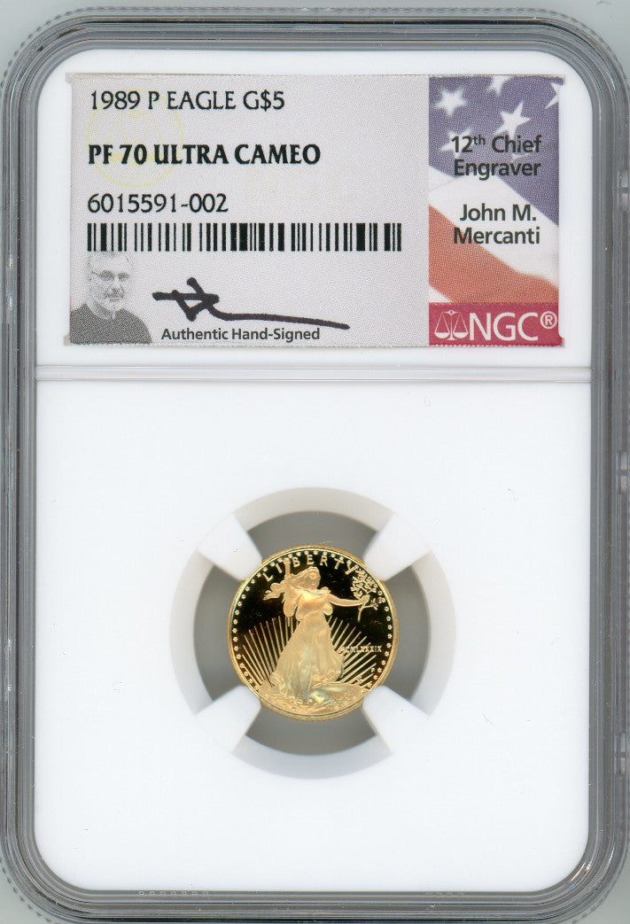 1989-P Tenth Ounce Gold Eagle NGC PF70 Ultra Cameo Mercanti Signed