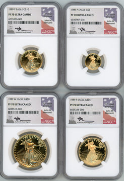 1989-P American Gold Eagle Proof 4-Coin Year Set NGC PF70 Mercanti Signed