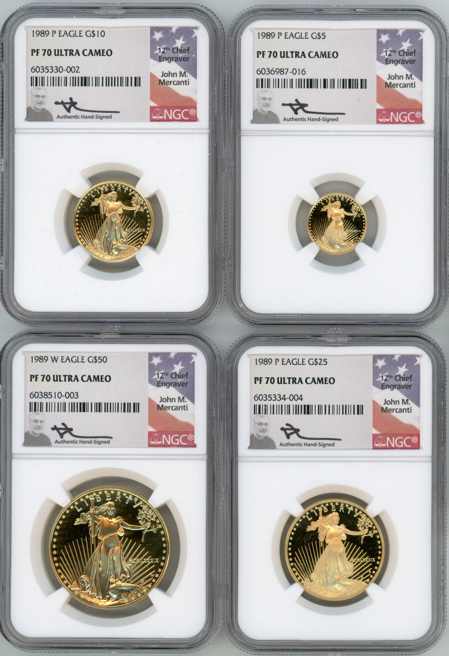 1989-P American Gold Eagle Proof 4-Coin Year Set NGC PF70 Mercanti Signed