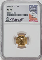 1990 $5 American Gold Eagle NGC MS70 Ron Harrigal Signed
