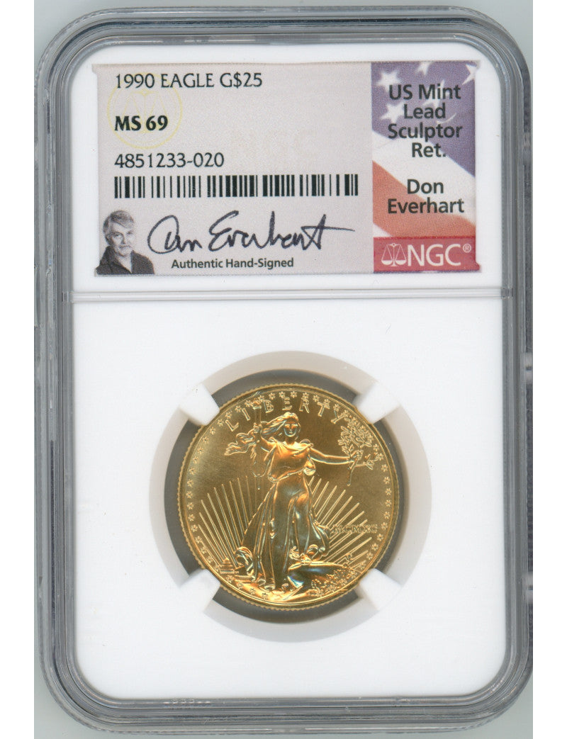 1990 $25 Half Ounce Gold Eagle NGC MS69 Don Everhart Signed