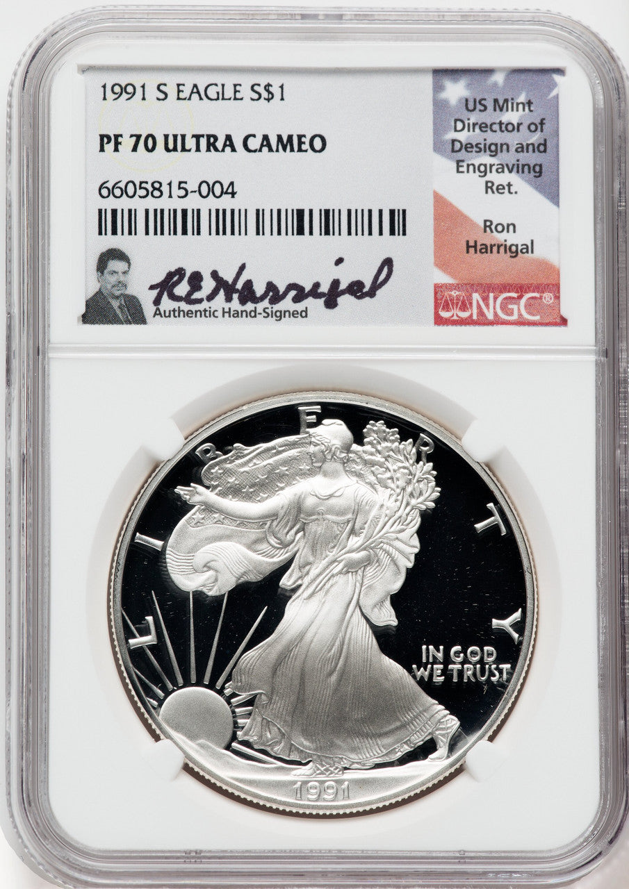 1991-S American Silver Eagle NGC PF70 Ultra Cameo Ron Harrigal Signed