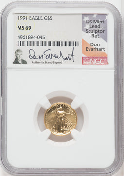 1991 $5 Tenth Ounce Gold Eagle NGC MS69 Don Everhart Signed
