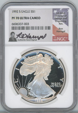 1992-S American Silver Eagle NGC PF70 Ultra Cameo Ron Harrigal Signed