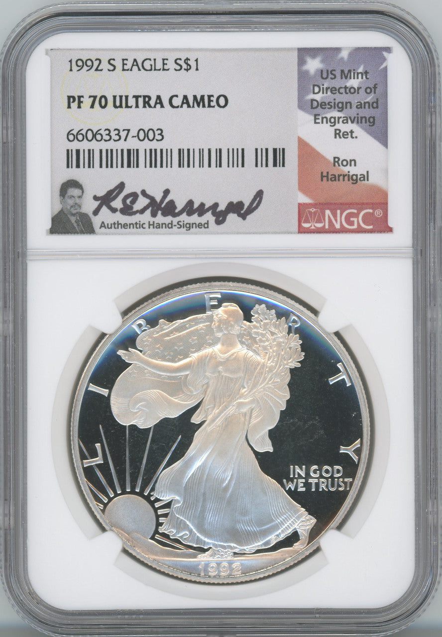 1992-S American Silver Eagle NGC PF70 Ultra Cameo Ron Harrigal Signed