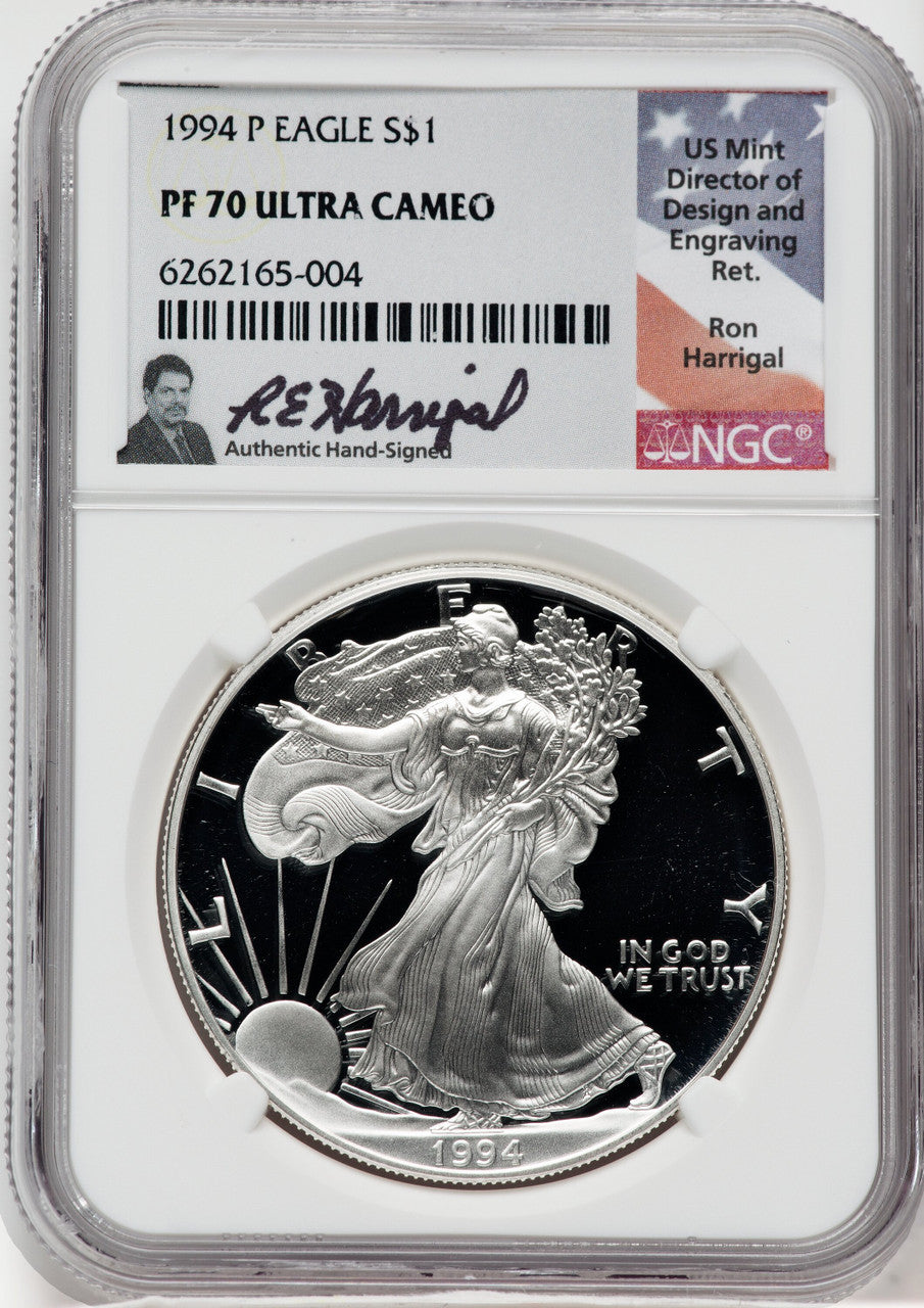 1994-P American Silver Eagle NGC PF70 Ultra Cameo Ron Harrigal Signed