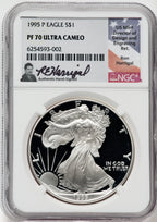 1995-P American Silver Eagle NGC PF70 Ultra Cameo Ron Harrigal Signed