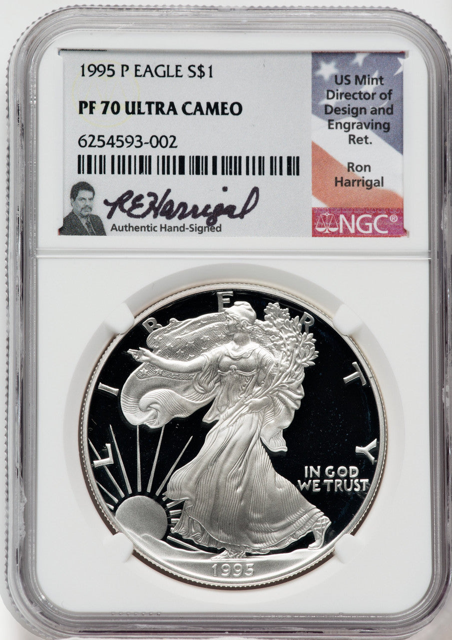 1995-P American Silver Eagle NGC PF70 Ultra Cameo Ron Harrigal Signed