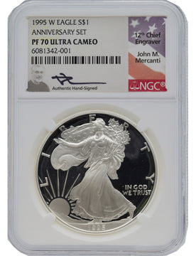 1986-2021 Silver Eagle 36-pc set NGC PF70 Mercanti Signed with 1995-W