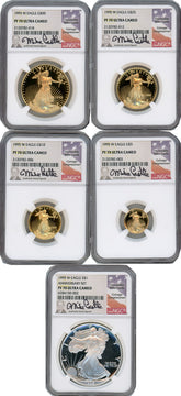 1995-W Complete 5 Coin American Gold and Silver Eagle 10th Anniversary Set NGC PF70UCAM Castle Signed