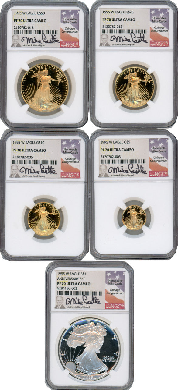1995-W Complete 5 Coin American Gold and Silver Eagle 10th Anniversary Set NGC PF70UCAM Castle Signed