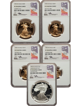 1995-W Complete 5 Coin American Gold and Silver Eagle 10th Anniversary Set NGC PF70UCAM John Mercanti Signed
