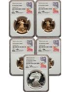 1995-W Complete 5 Coin American Gold and Silver Eagle 10th Anniversary Set NGC PF70UCAM John Mercanti Signed