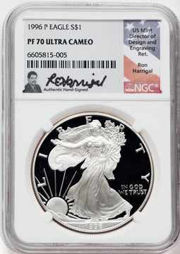 1996-P American Silver Eagle NGC PF70 Ultra Cameo Ron Harrigal Signed