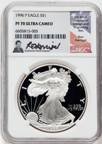 1996-P American Silver Eagle NGC PF70 Ultra Cameo Ron Harrigal Signed