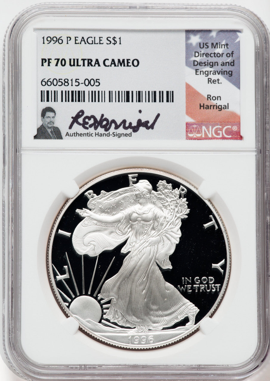 1996-P American Silver Eagle NGC PF70 Ultra Cameo Ron Harrigal Signed