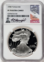 1998-P American Silver Eagle NGC PF70 Ultra Cameo Ron Harrigal Signed