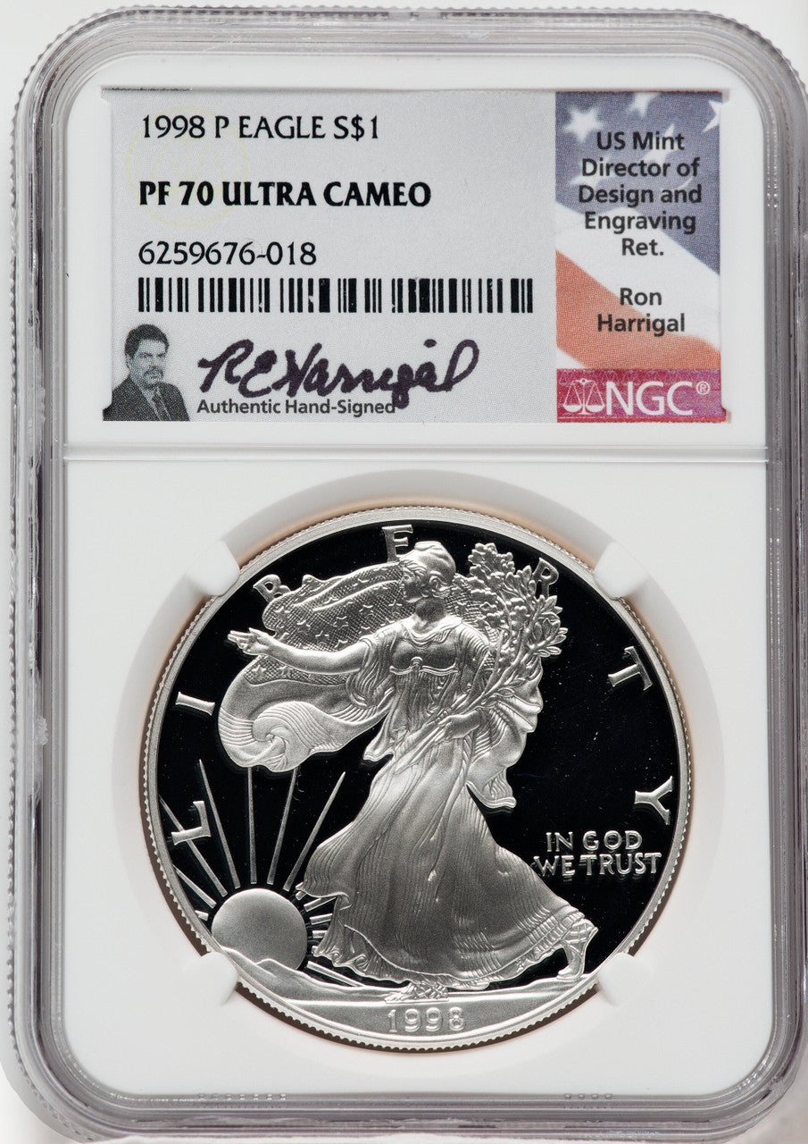 1998-P American Silver Eagle NGC PF70 Ultra Cameo Ron Harrigal Signed