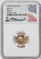 1999-W $5 Mint Error 1/10 oz Gold Eagle With W NGC MS70 Ron Harrigal Signed