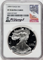 1999-P American Silver Eagle NGC PF70 Ultra Cameo Ron Harrigal Signed