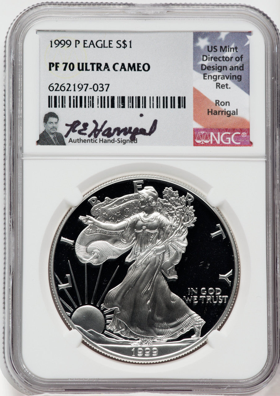 1999-P American Silver Eagle NGC PF70 Ultra Cameo Ron Harrigal Signed