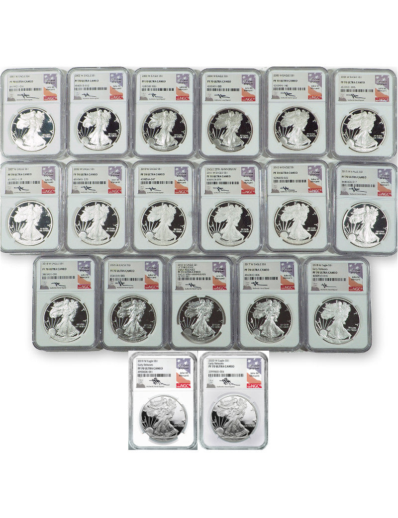 2001-2021 W Proof American Silver Eagle Set NGC PF70 Ultra Cameo Mercanti Signed