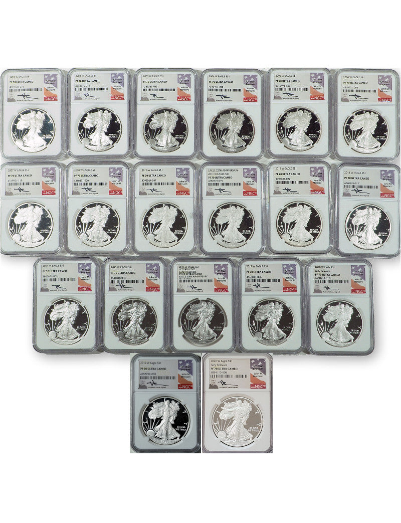 1986-2021 American Silver Eagle 35-pc Set NGC PF70 Ultra Cameo Mercanti Signed