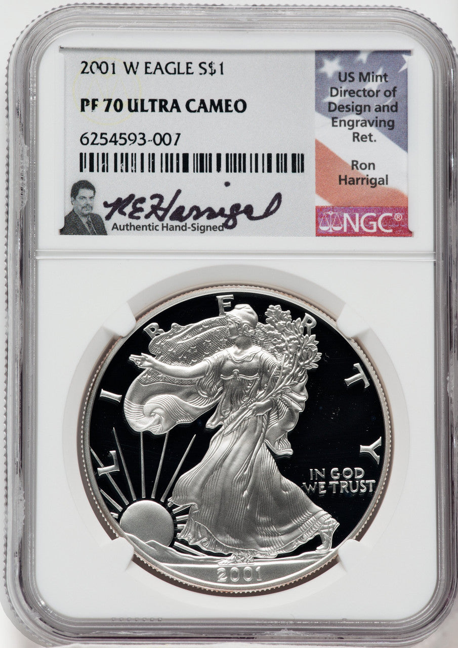 2001-W American Silver Eagle NGC PF70 Ultra Cameo Ron Harrigal Signed