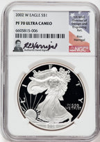 2002-W American Silver Eagle NGC PF70 Ultra Cameo Ron Harrigal Signed