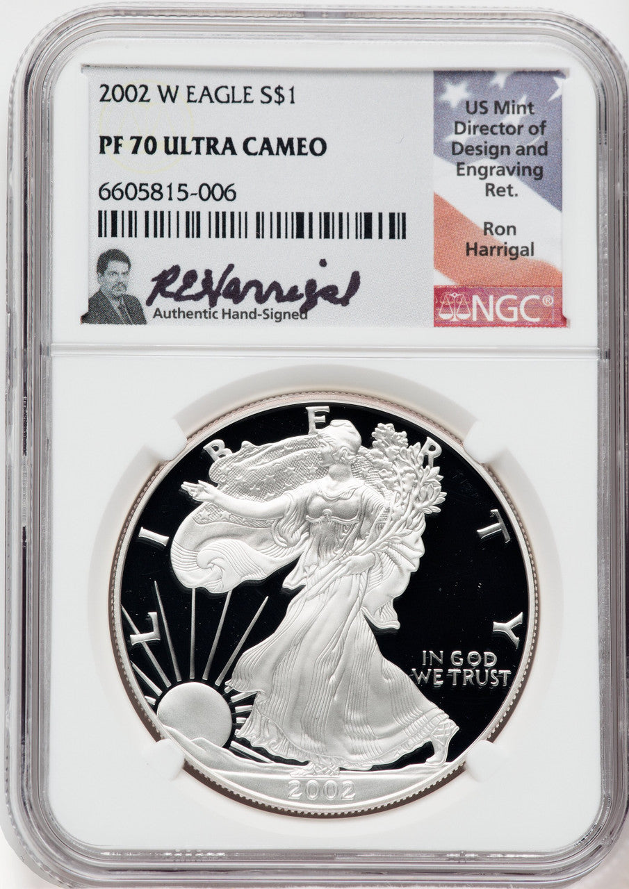 2002-W American Silver Eagle NGC PF70 Ultra Cameo Ron Harrigal Signed