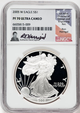 2005-W American Silver Eagle NGC PF70 Ultra Cameo Ron Harrigal Signed