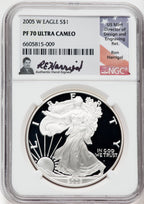 2005-W American Silver Eagle NGC PF70 Ultra Cameo Ron Harrigal Signed
