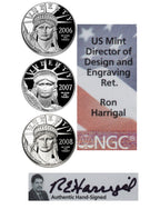 2006-2008 American Burnished Platinum Eagle Set- NGC MS70 Ron Harrigal Signed