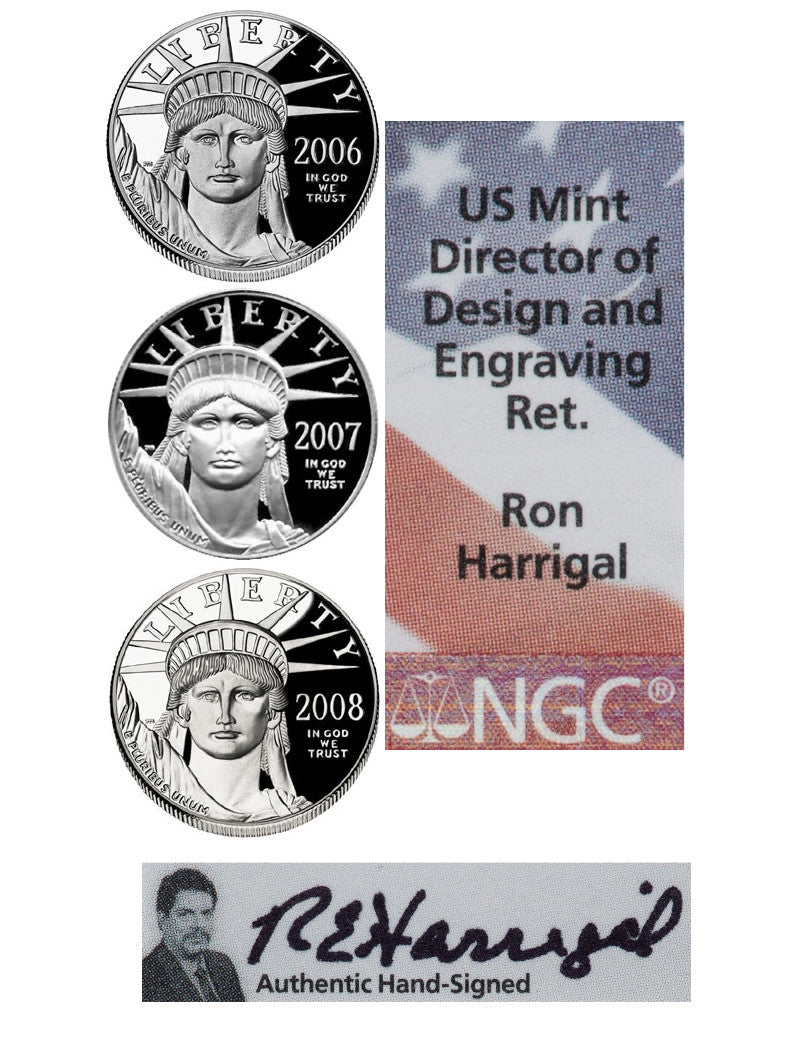 2006-2008 American Burnished Platinum Eagle Set- NGC MS70 Ron Harrigal Signed