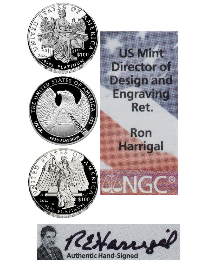 2006-2008 American Burnished Platinum Eagle Set- NGC MS70 Ron Harrigal Signed