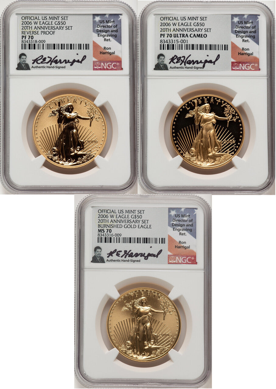 2006-W American Gold Eagle 20th Anniversary 3-Coin Set NGC MS70 PF70 RP70 Harrigal Signed