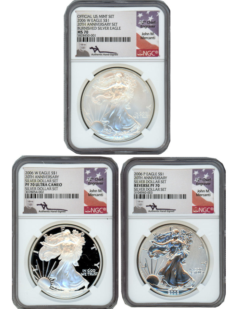 2006 Silver Eagle 20th Anniversary 3pc Silver Dollar Set NGC 70 Mercanti Signed
