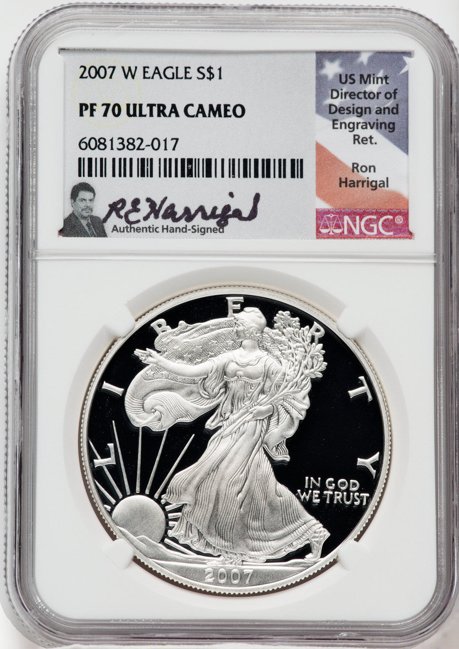 2007-W American Silver Eagle NGC PF70 Ultra Cameo Ron Harrigal Signed