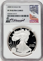 2008-W American Silver Eagle NGC PF70 Ultra Cameo Ron Harrigal Signed