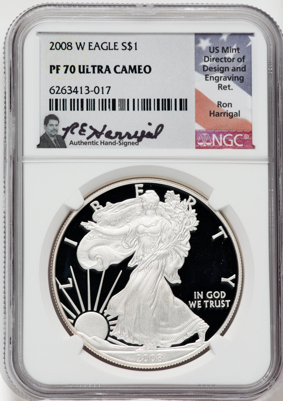 2008-W American Silver Eagle NGC PF70 Ultra Cameo Ron Harrigal Signed