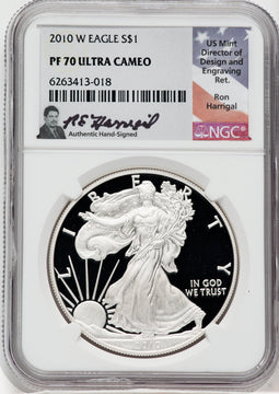 2010-W American Silver Eagle NGC PF70 Ultra Cameo Ron Harrigal Signed